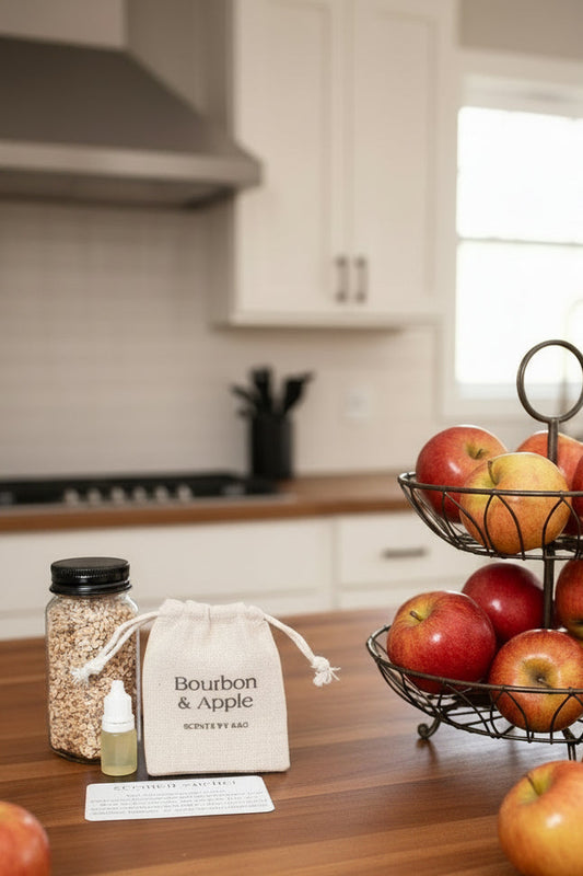 'Bourbon & Apple' scented sachet kit by Scents by K&G on a kitchen island next to apples in a fruit stand