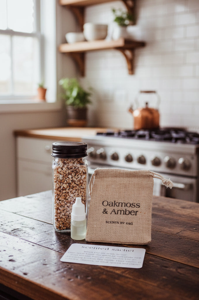 A Scented Sachet kit from Scents by K&G on a rustic countertop in a kitchen with plants and dishes in the background
