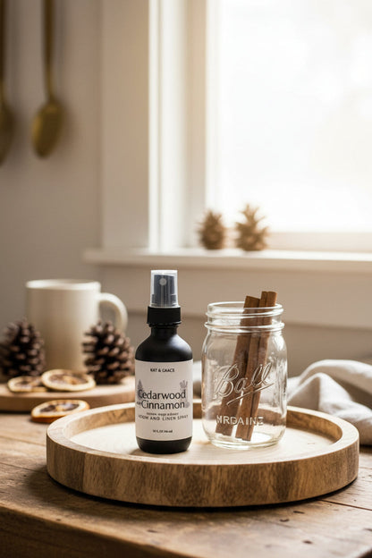 A bottle of Kat & Gracie Cedarwood and Cinnamon Room and Linen Spray, styled on a wooden surface with a jar of cinnamon sticks in a kitchen