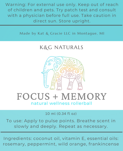 K&G Naturals Focus + Memory wellness rollerball packaging with elephant design on a white background.