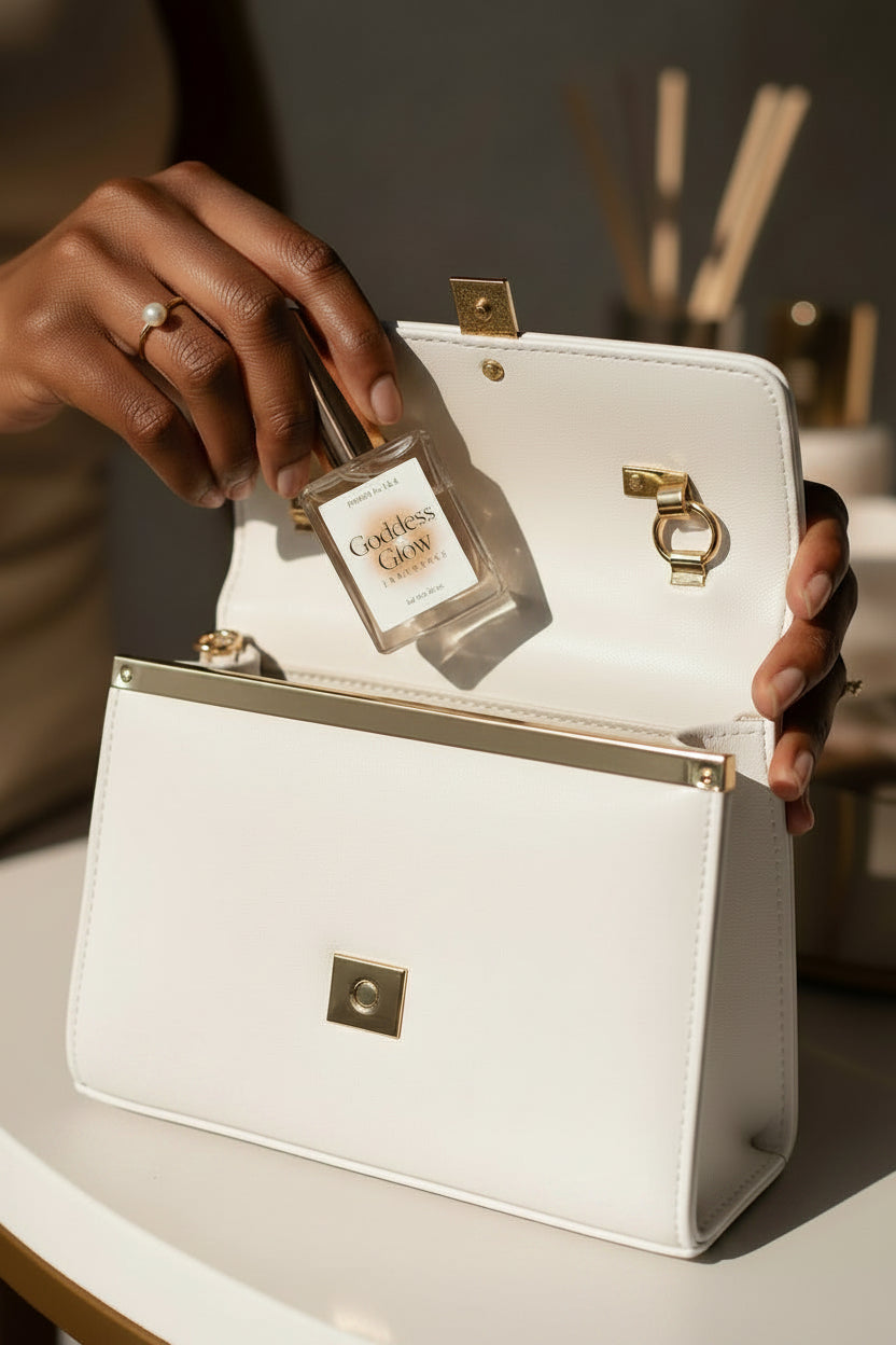 A 1 fl oz glass bottle of Goddess Glow Fragrance by Scents by K&G,being placed in a purse by a dark-skinned feminine hand