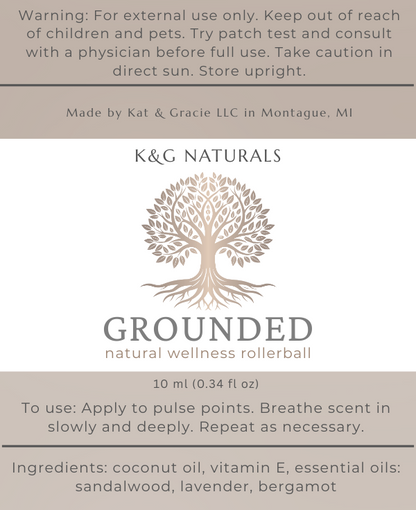 K&G Naturals Grounded natural wellness rollerball label with tree design.