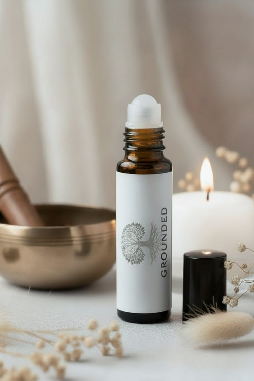 Roller bottle labeled 'Grounded' next to a candle and sound bowl