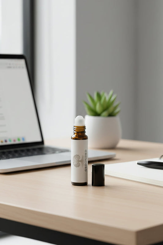 An amber glass roller bottle with a white label reading 'GROUNDED' and a tree icon, on a work desk 