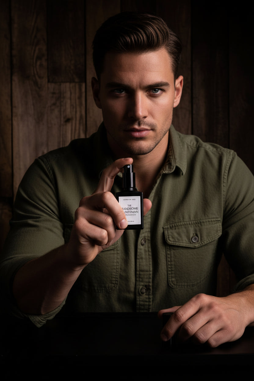 A black rectangular fragrance spray bottle with a white label reading 'SCENTS BY K&G THE HANDSOME HUNTSMAN FRAGRANCE' being held by a man in an olive shirt