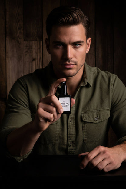 A black rectangular fragrance spray bottle with a white label reading 'SCENTS BY K&G THE HANDSOME HUNTSMAN FRAGRANCE' being held by a man in an olive shirt