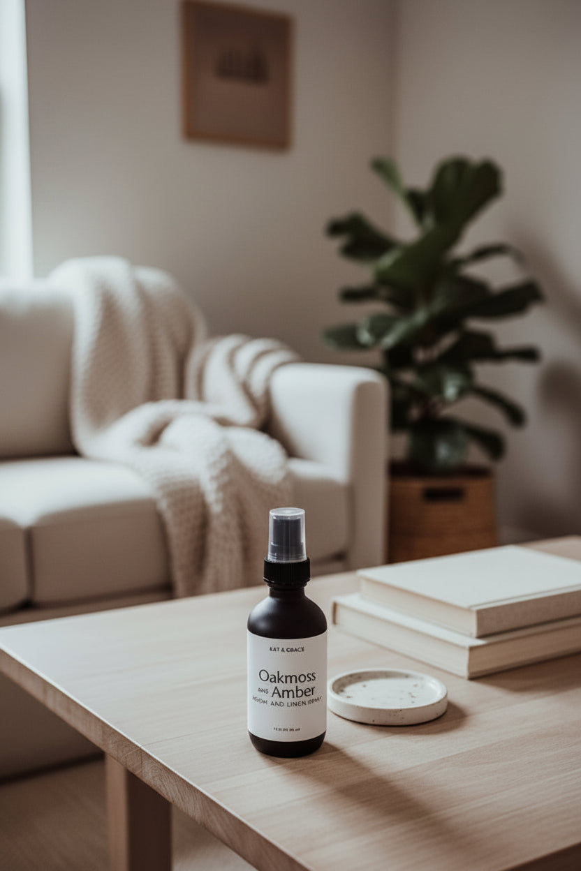 A dark amber room and linen spray bottle labeled 'Oakmoss and Amber' by Kat & Gracie, standing on a coffee table in a neutral living room