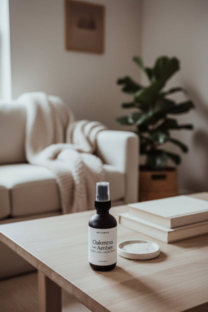 A dark amber room and linen spray bottle labeled 'Oakmoss and Amber' by Kat & Gracie, standing on a coffee table in a neutral living room