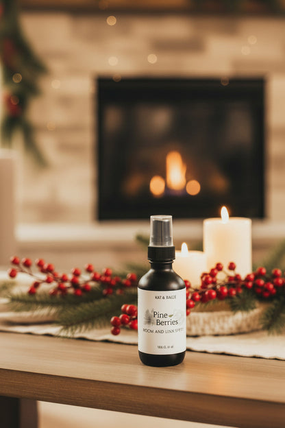 A bottle of Kat & Gracie Pine and Berries Room and Linen Spray, styled with pine branches and holly berries on a coffee table