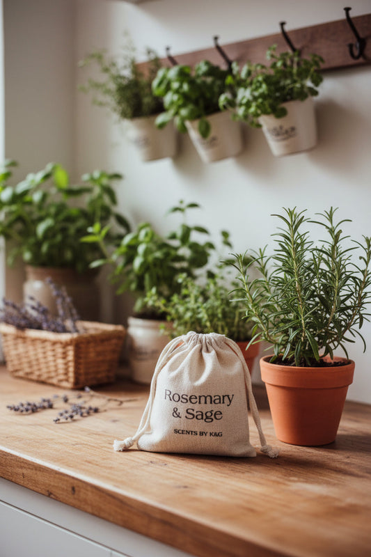 Small fabric pouch labeled 'Rosemary & Sage' with dried herbs and potted herbs on a wooden surface